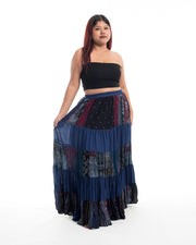 Plus Size Patchwork Long Skirt in Navy