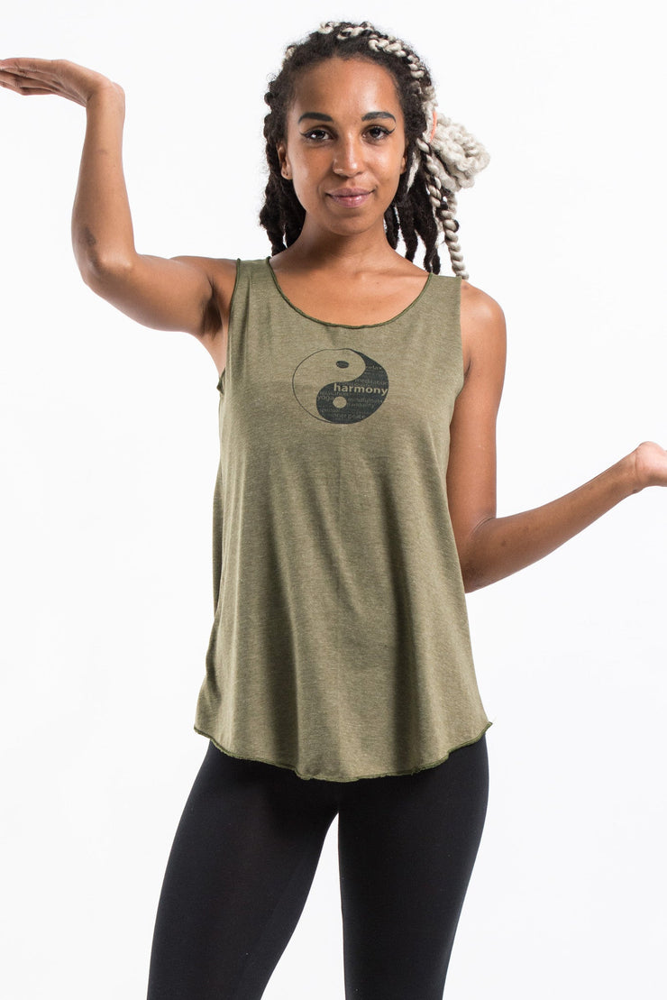 Loose Soft Vintage Style Women's Tank Tops Yin Yang Olive