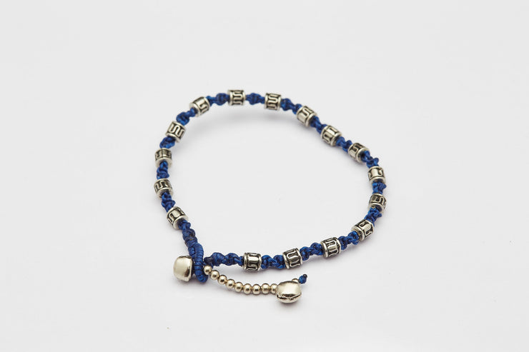 Hand Made Fair Trade Anklet Waxed Cotton Silver Beads Blue