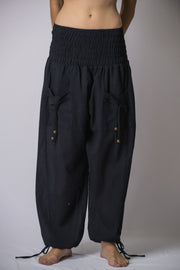 Women's Thai Smocked Waist Cotton Pants in Black