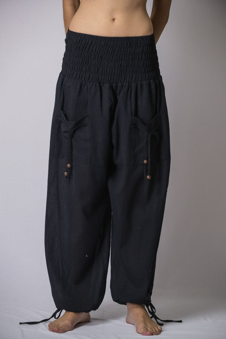 Women's Thai Smocked Waist Cotton Pants in Black