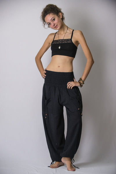 Women's Thai Smocked Waist Cotton Pants in Black