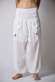 Women's Thai Smocked Waist Cotton Pants in White