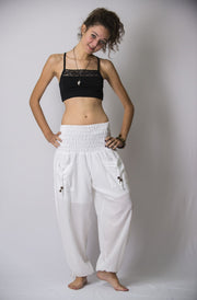 Women's Thai Smocked Waist Cotton Pants in White