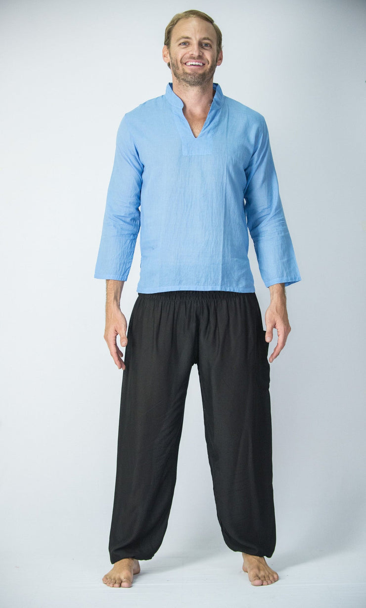 Mens Yoga Shirts Nehru Collared in Blue