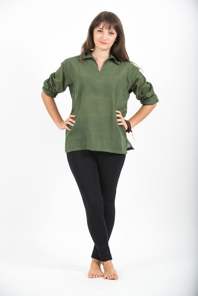 Womens Yoga Shirts Collar V Neck in Olive