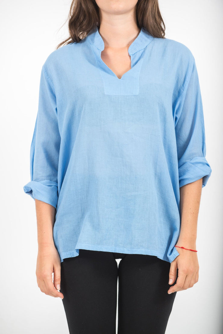 Womens Yoga Shirts Nehru Collared in Blue