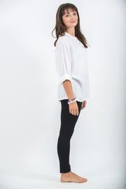 Womens Yoga Shirts No Collar with Coconut Buttons in White