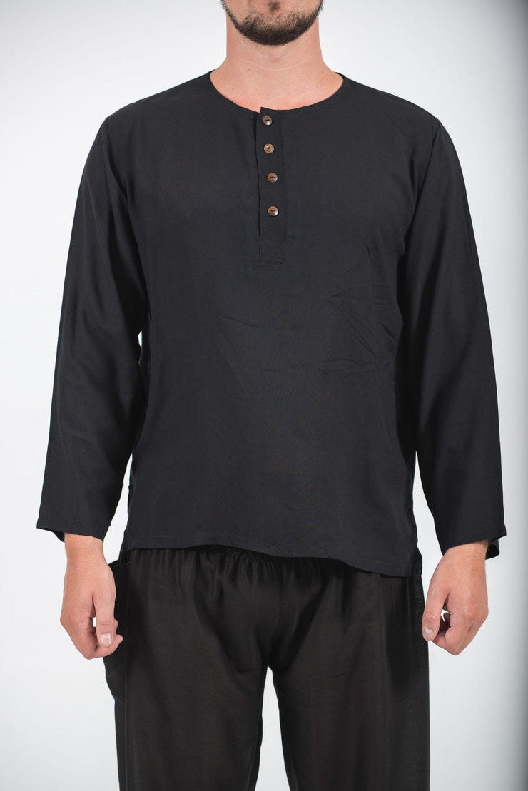 Mens Yoga Shirts No Collar with Coconut Buttons in Black