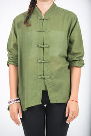 Womens Yoga Shirts Chinese Collared in Olive