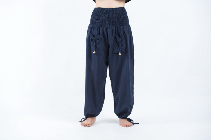 Women's Thai Smocked Waist Cotton Pants in Navy