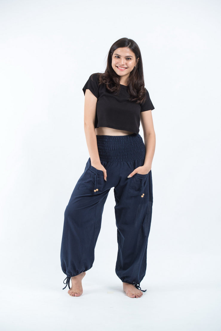 Women's Thai Smocked Waist Cotton Pants in Navy