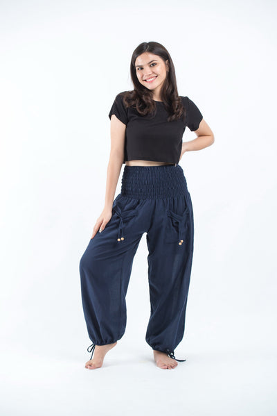 Women's Thai Smocked Waist Cotton Pants in Navy