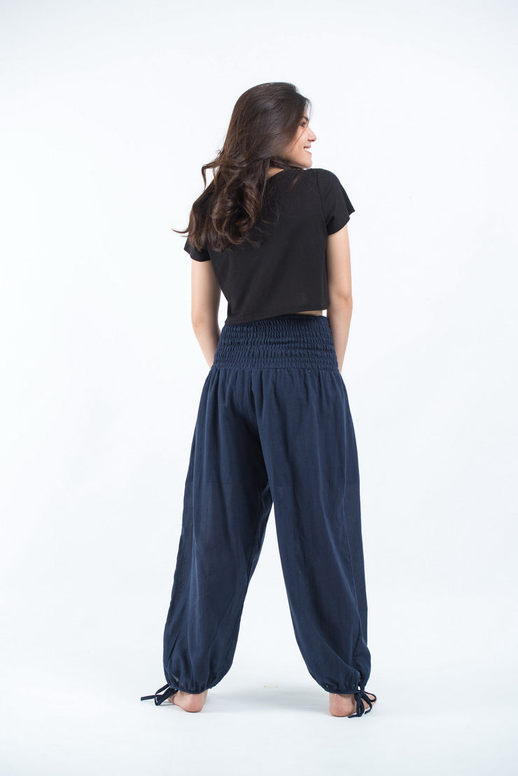 Women's Thai Smocked Waist Cotton Pants in Navy