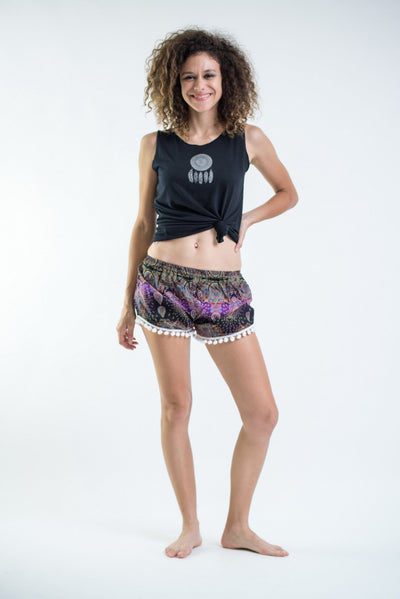 Paisley Pom Pom Shorts In Purple/White