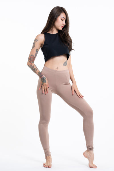 Solid Color Cotton Leggings in Beige