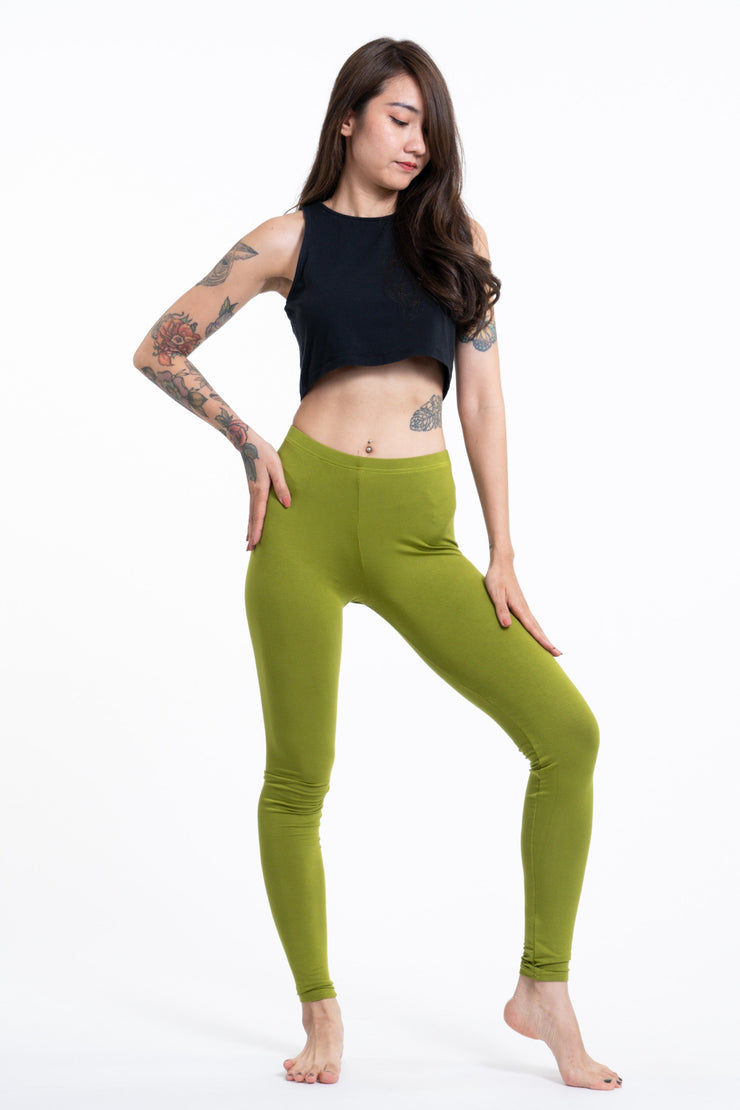 Solid Color Cotton Leggings in Green