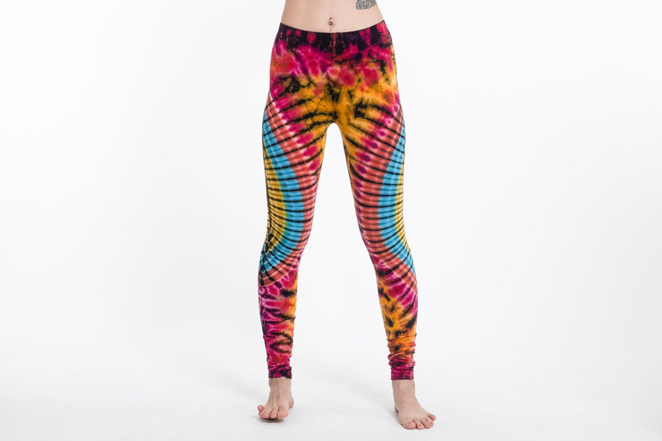 Oval Swirls Tie Dye Cotton Leggings in Pink Rainbow