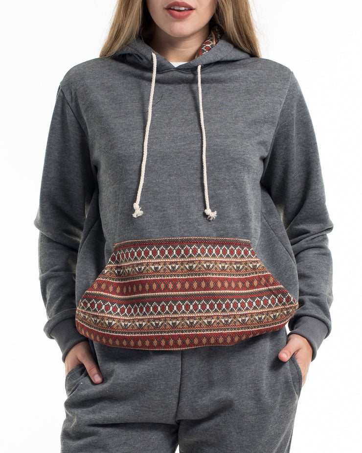 Unisex Terry Pullover Hoodie with Tribal Pockets in Black (Size M - XL)