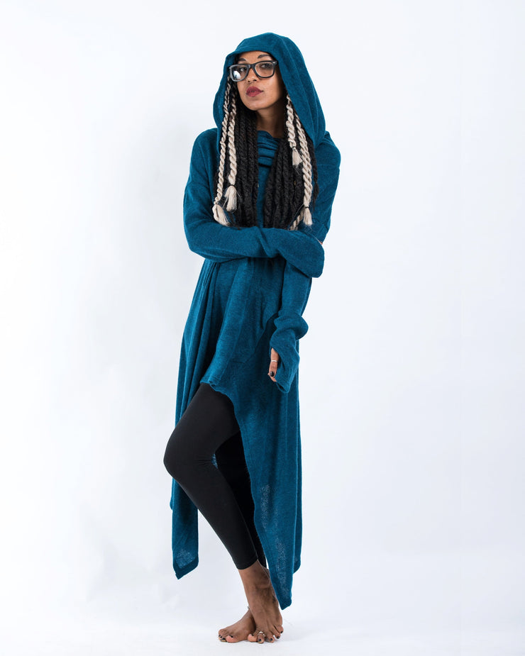 Ultra Long Hooded Sweater in Blue