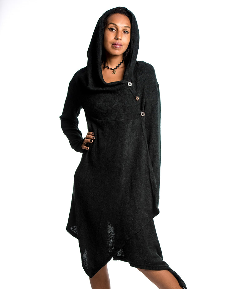 Hooded Pixie Sweater Dress in Black