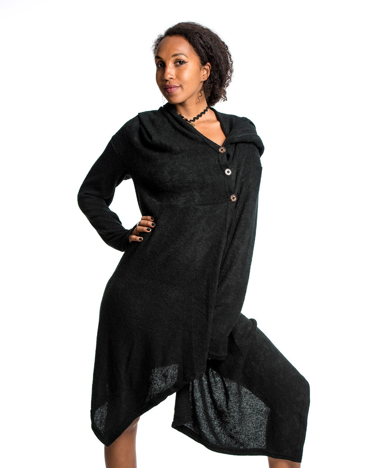 Hooded Pixie Sweater Dress in Black