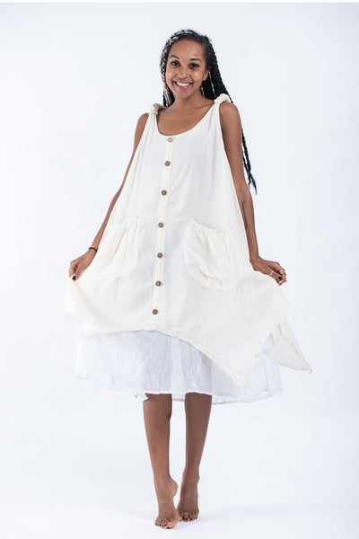 Crinkled Hill Tribe Cotton Tank Dress in Off White