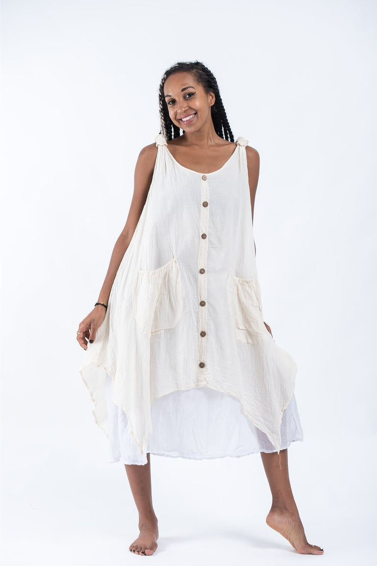 Crinkled Hill Tribe Cotton Tank Dress in Off White