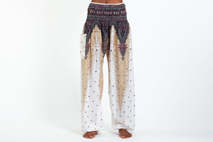 Peacock Feathers Women's Harem Pants in White