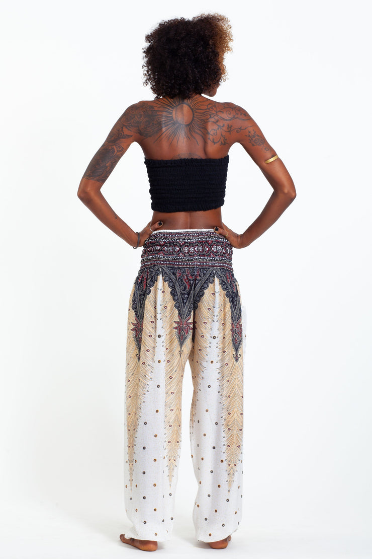 Peacock Feathers Women's Harem Pants in White