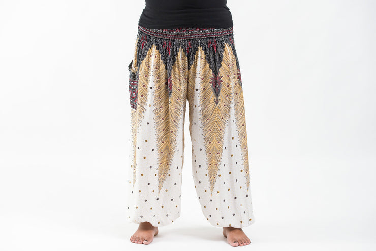 Plus Size Peacock Feathers Women's Harem Pants in White