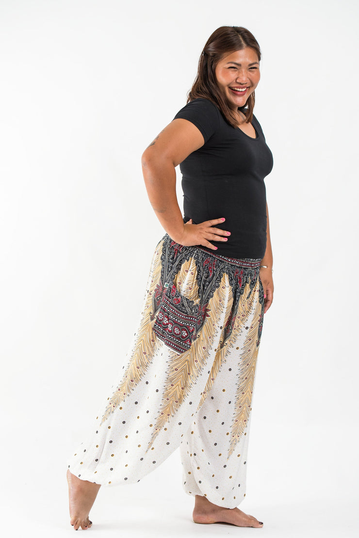 Plus Size Peacock Feathers Women's Harem Pants in White