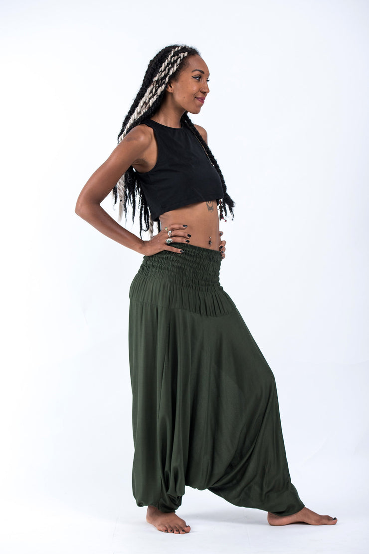 Solid Color 2-in-1 Jumpsuit Harem Pants in Dark Green