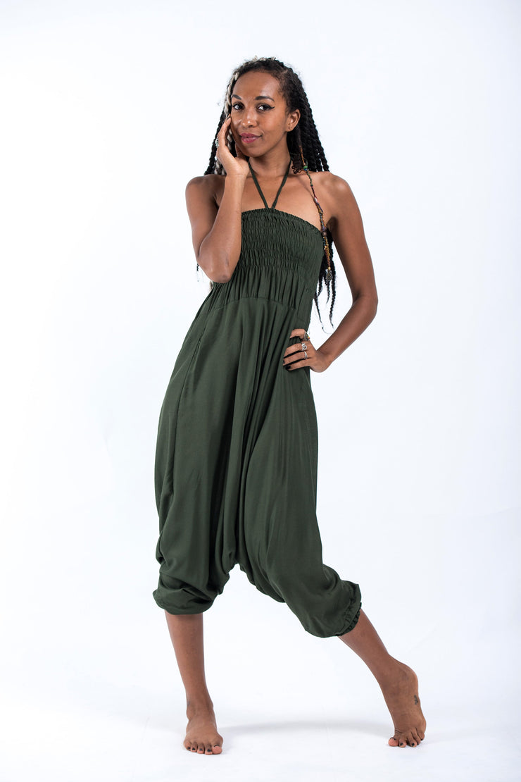 Solid Color 2-in-1 Jumpsuit Harem Pants in Dark Green