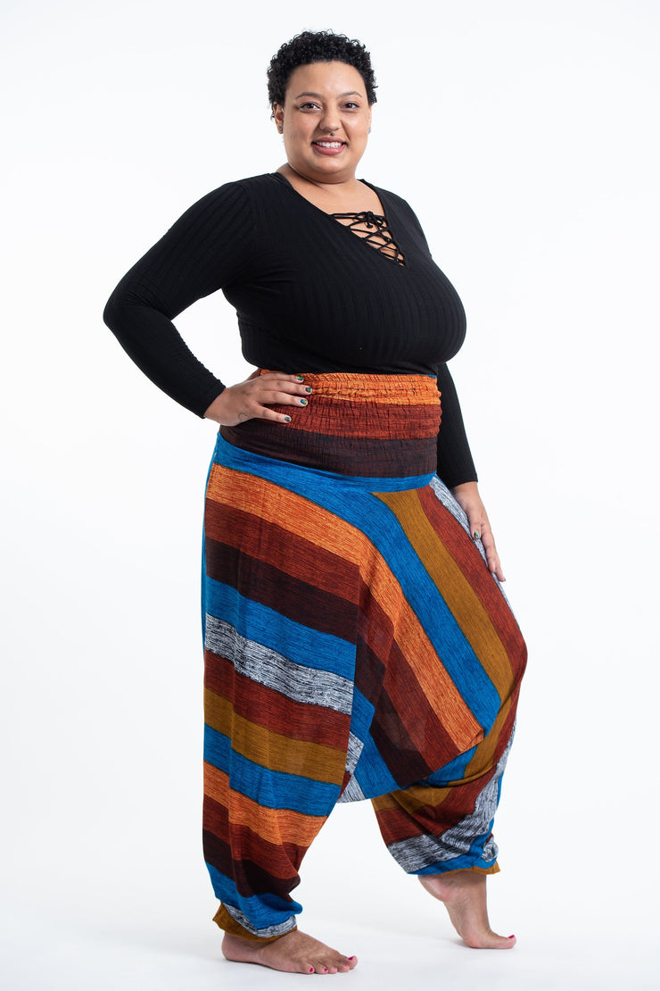 Plus Size Boho Striped 2-in-1 Jumpsuit Harem Pants in Rust