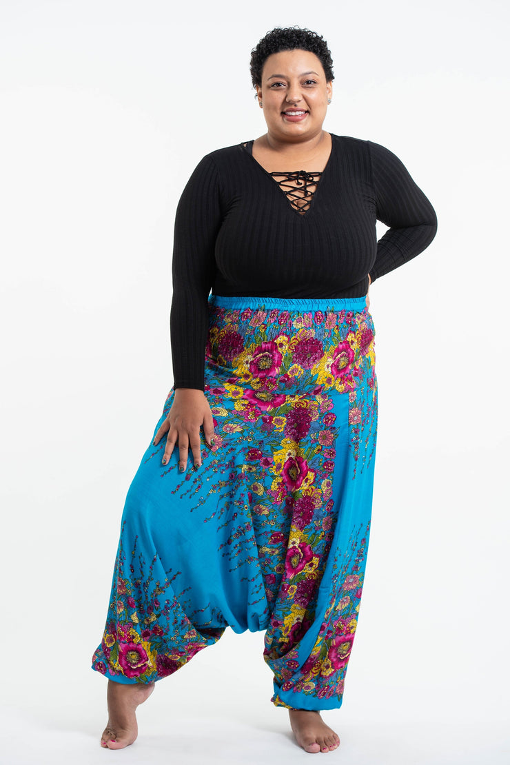 Plus Size Floral 2-in-1 Jumpsuit Harem Pants in Ocean Blue