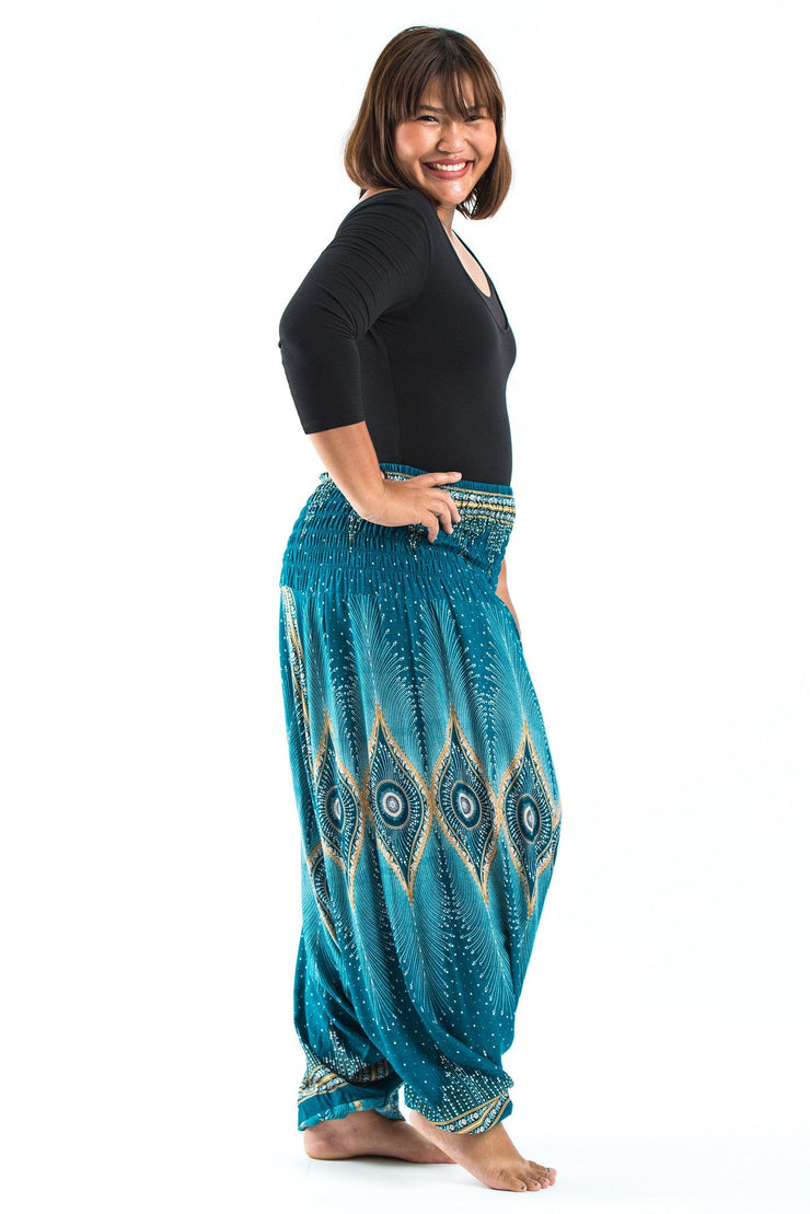 Plus Size Diamond Peacock 2-in-1 Jumpsuit Harem Pants in Turquoise