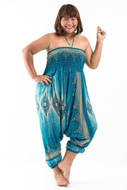 Plus Size Diamond Peacock 2-in-1 Jumpsuit Harem Pants in Turquoise