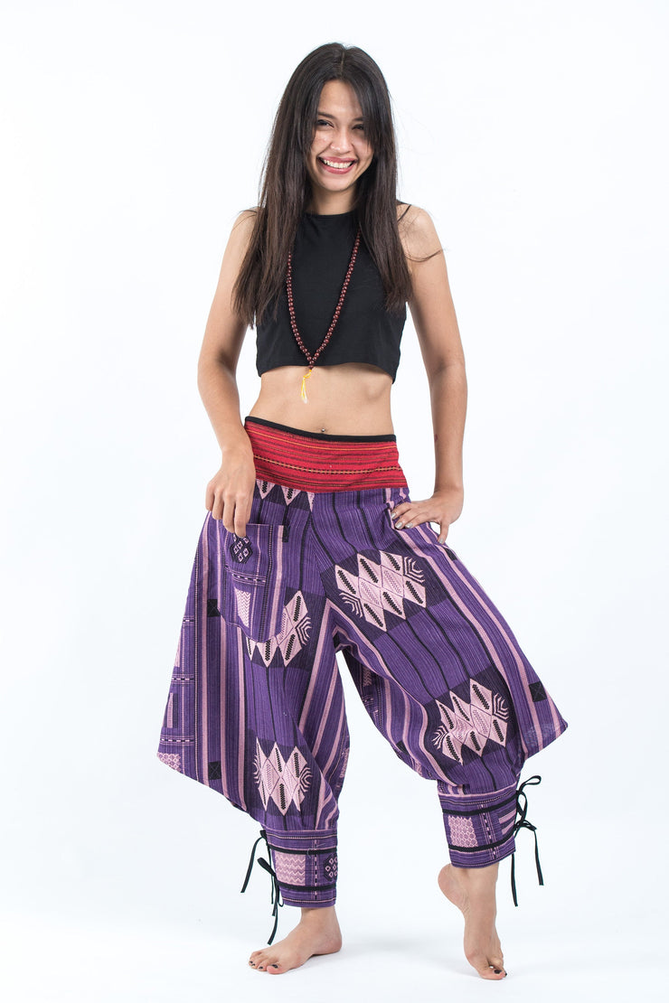 Thai Hill Tribe Fabric Women's Harem Pants with Ankle Straps in Purple