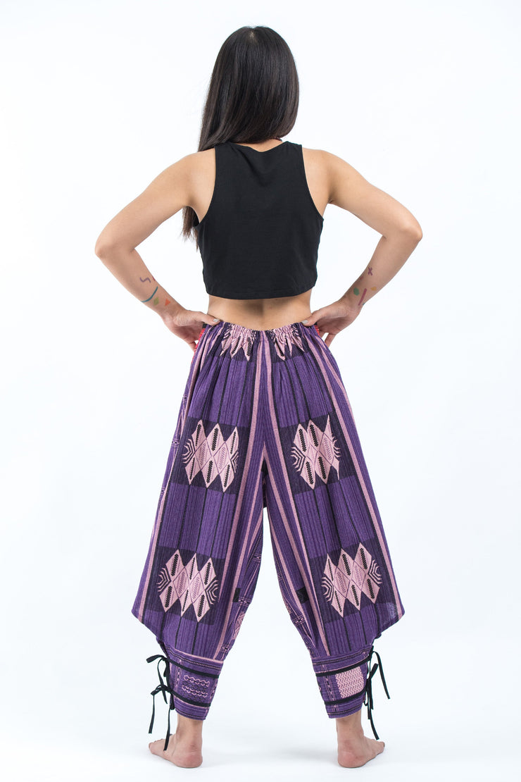 Thai Hill Tribe Fabric Women's Harem Pants with Ankle Straps in Purple