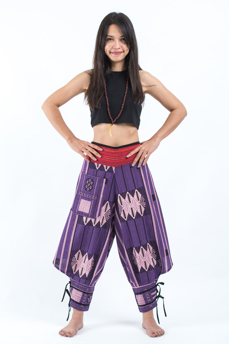 Thai Hill Tribe Fabric Women's Harem Pants with Ankle Straps in Purple