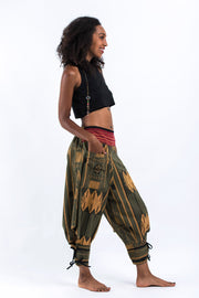 Thai Hill Tribe Fabric Women's Harem Pants with Ankle Straps in Olive