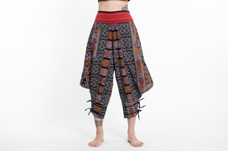 Clovers Thai Hill Tribe Fabric Women's Harem Pants with Ankle Straps in Black