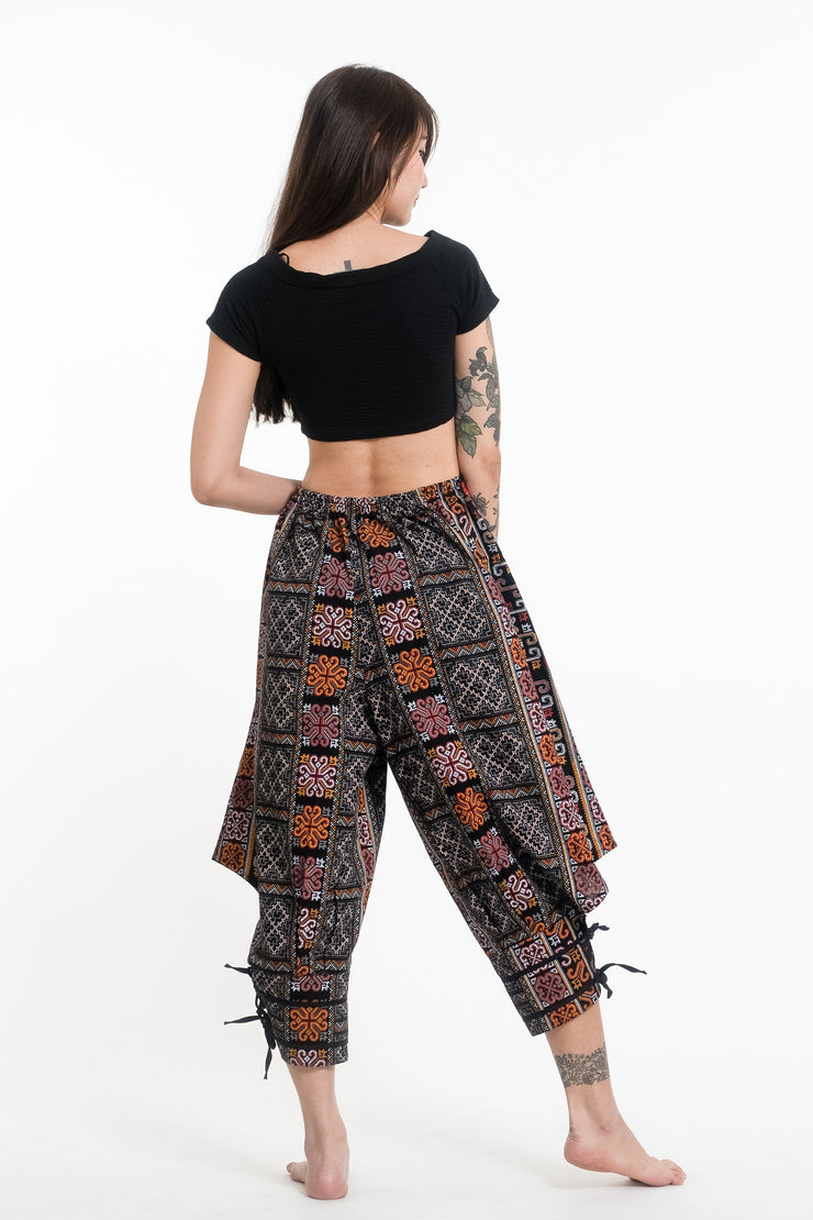 Clovers Thai Hill Tribe Fabric Women's Harem Pants with Ankle Straps in Black