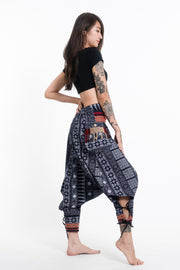 Traditional Prints Thai Hill Tribe Fabric Women's Harem Pants with Ankle Straps in Navy