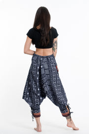 Traditional Prints Thai Hill Tribe Fabric Women's Harem Pants with Ankle Straps in Navy