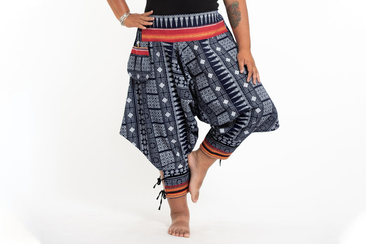 Plus Size Traditional Prints Thai Hill Tribe Fabric Women's Harem Pants with Ankle Straps in Navy