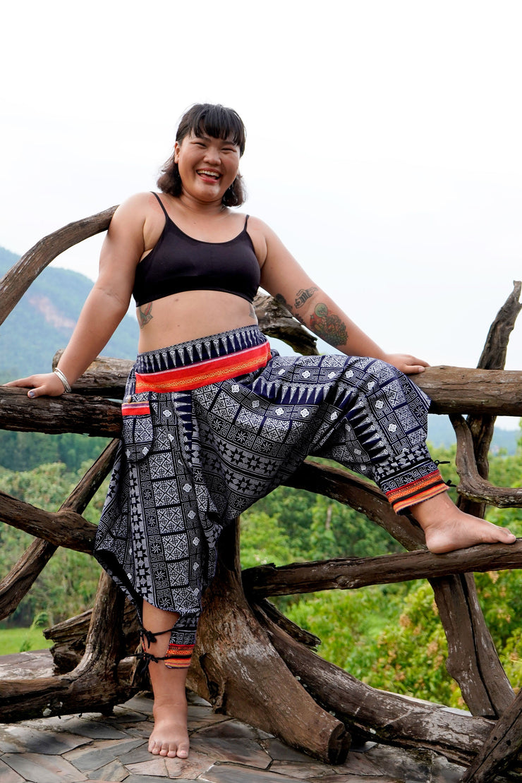 Plus Size Traditional Prints Thai Hill Tribe Fabric Women's Harem Pants with Ankle Straps in Navy