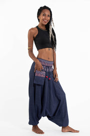 Pinstripe Cotton Low Cut Women's Harem Pants With Hill Tribe Trim Navy