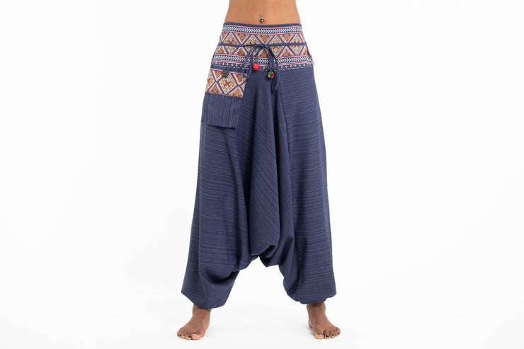 Pinstripe Cotton Low Cut Women's Harem Pants With Hill Tribe Trim Navy